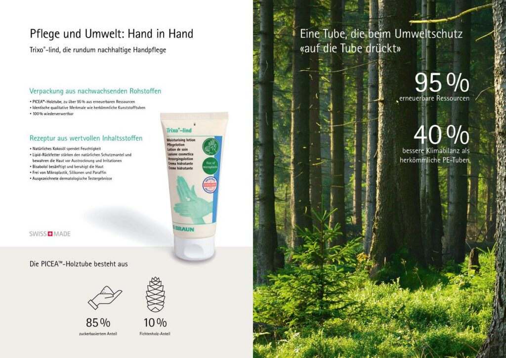 Infografik: Trixo®-lind-Handpflege in der PICEA™-Holztube, daneben Nadelwald, Kennzahlen zu Ressourcen und Klimabilanz