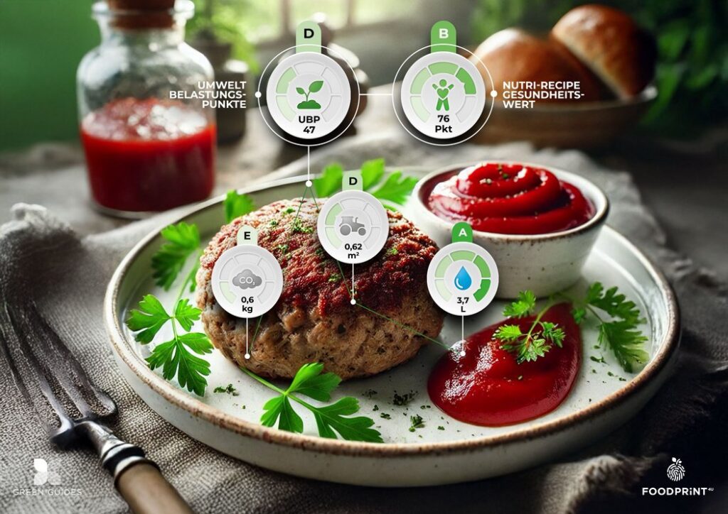 Frikadelle mit Tomatensauce, eingeblendet FOODPRiNT4U-Werte zu Umweltbelastung, Gesundheit, CO₂, Fläche und Wasser