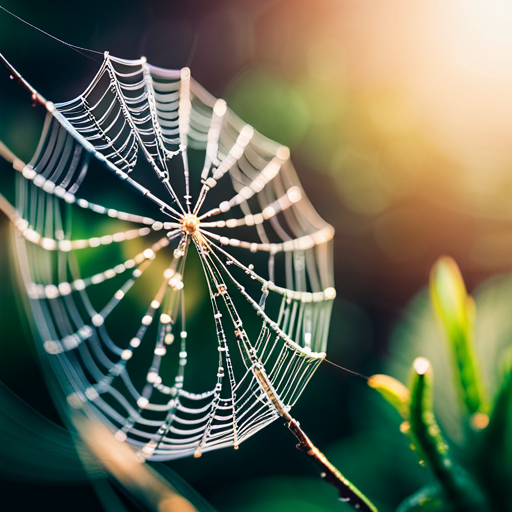 Close-up of a dew-covered spiderweb glistening in the morning sunlight, highly detailed, 4k